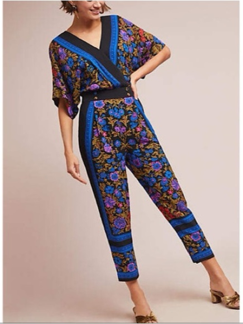 Anthropologie Black Floral Boho Jumpsuit with Blue Trim